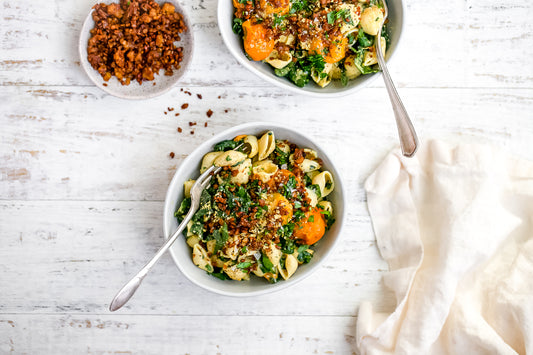 Roasted Garlic Caesar Kale Pasta Salad