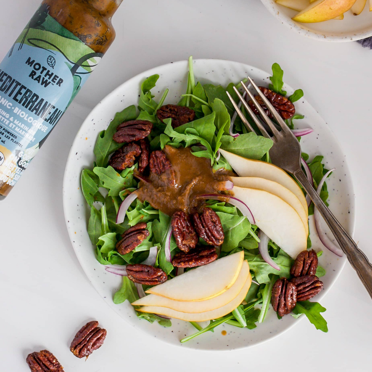 Mother Raw Vegan Mediterranean Dressing Image with Pecan and Pear Salad